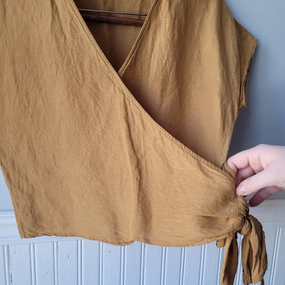 Madewell Linen Blend Mustard Wrap Cropped Blouse Size Small - Picture 7 of 16